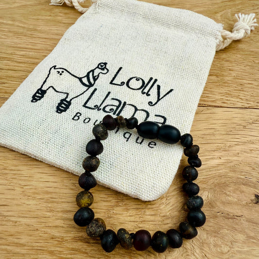 Green and Black Cherry Raw Amber Child Bracelet