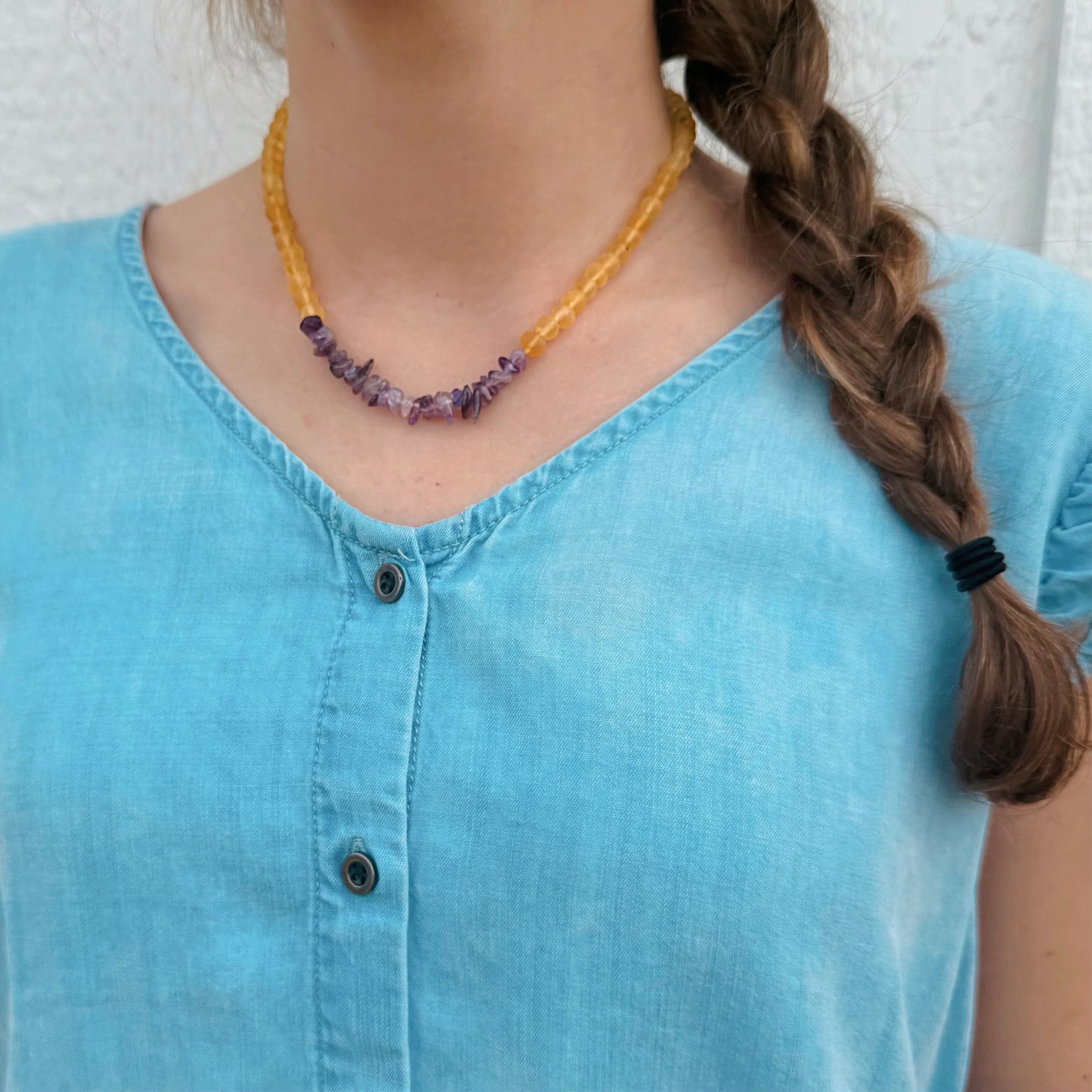 Honey & Genuine Amethyst Raw Amber Adult Necklace