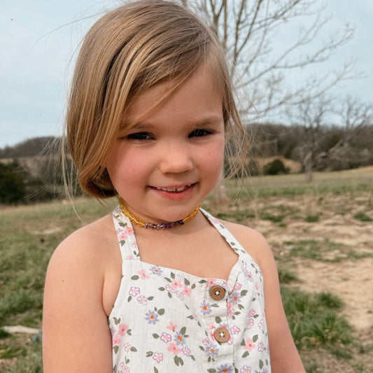 Honey & Genuine Amethyst Raw Amber Child Necklace