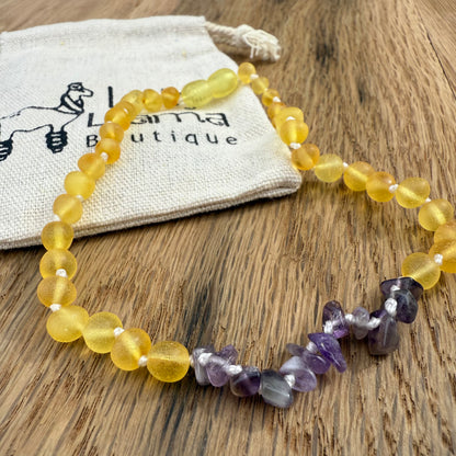 Honey & Genuine Amethyst Raw Amber Child Necklace